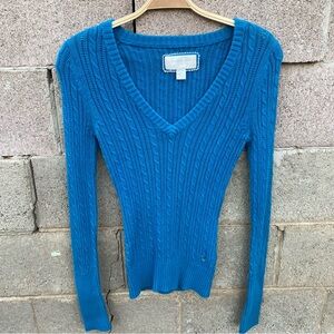 Y2K American Eagle Sweater Womens Medium Slim Blue Cable Knit Schoolgirl Preppy